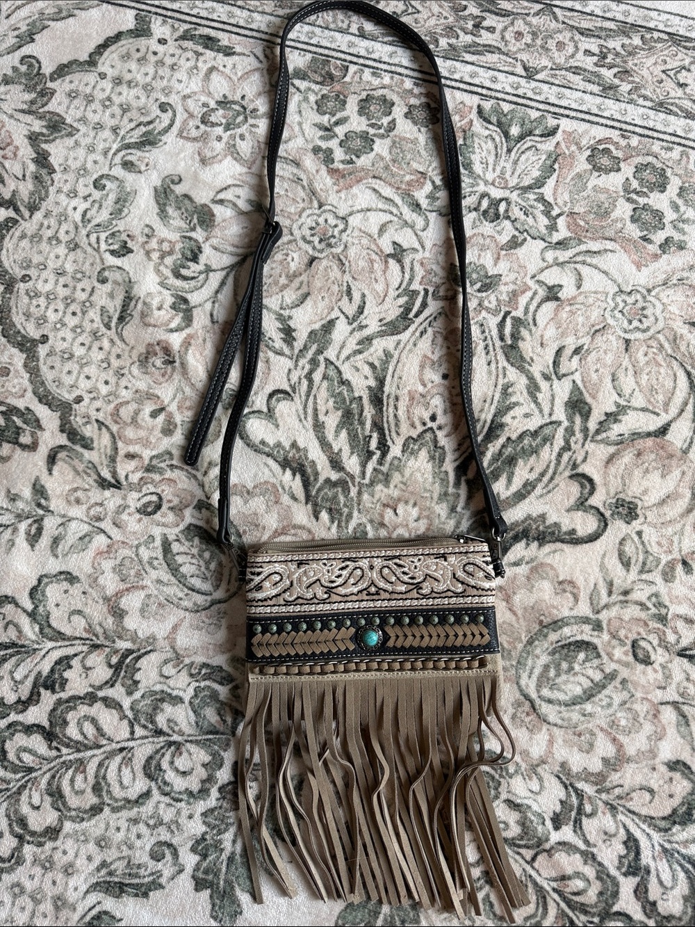 Montana West Taupe Fringe Crossbody with Turquoise Accent